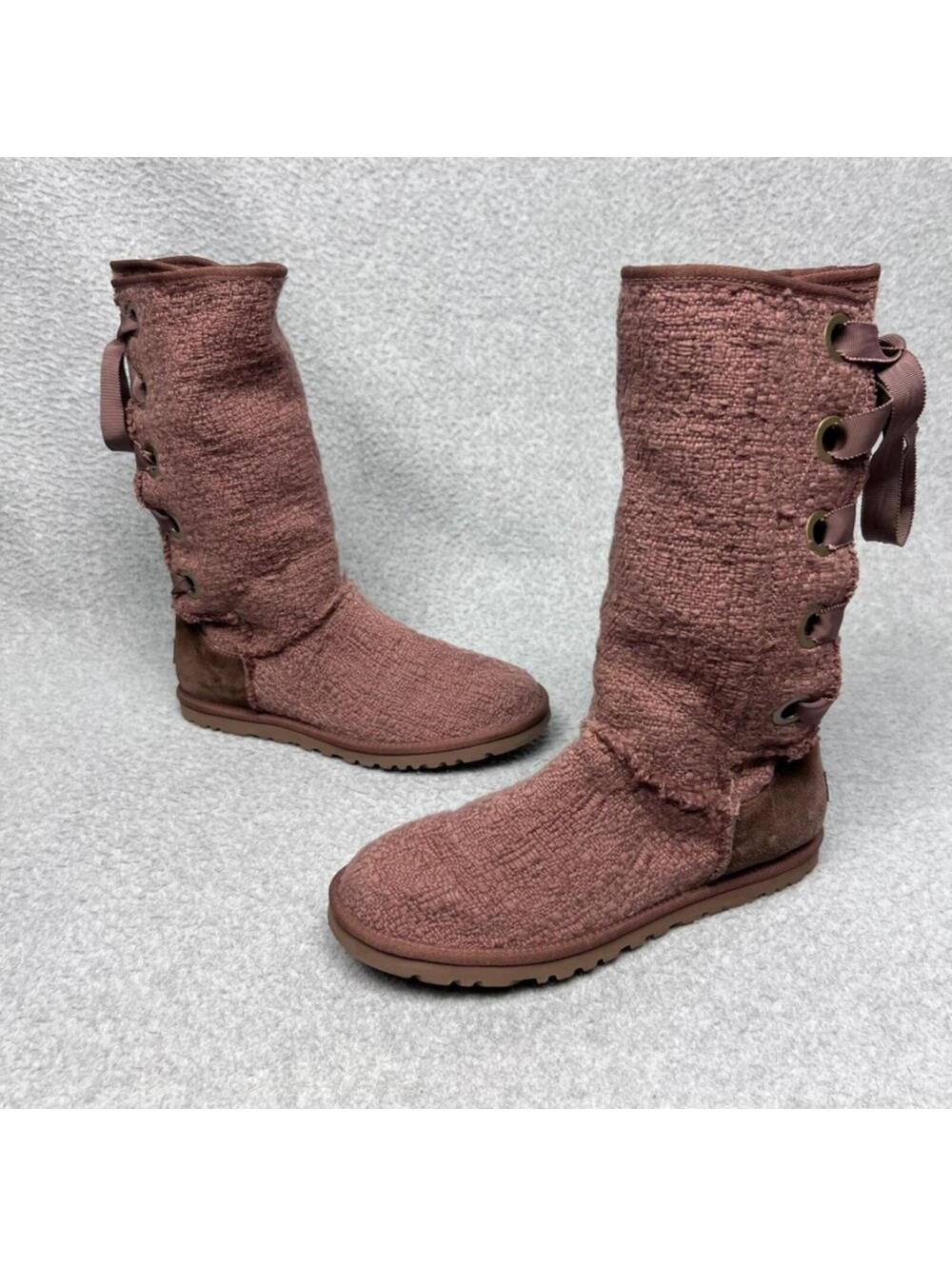 UGG Heirloom Lace Up Boots Brown Tweed Suede Ribbon Boho Cottagecore Size 7